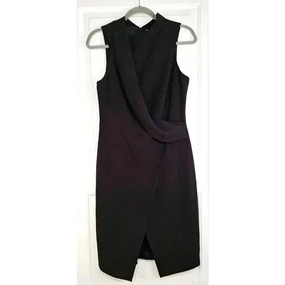 Halston Heritage Black Draped Wrap Sheath Dress Sleeveless High Neck Size 4